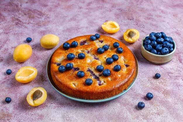 Gâteau aux abricots et myrtilles avec des bleuets frais et des fruits abricots