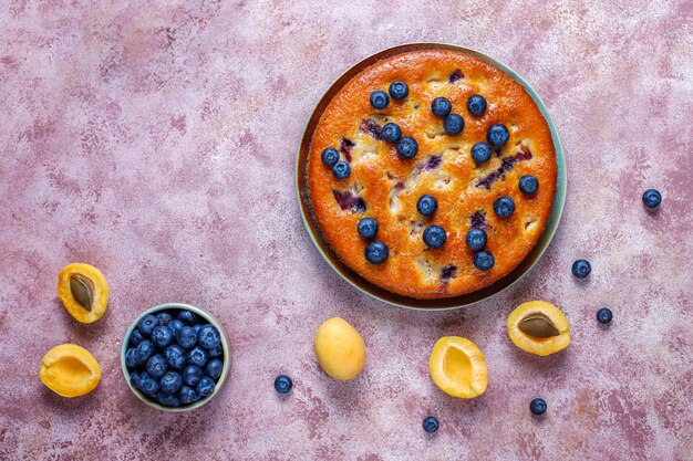 Gâteau aux abricots et myrtilles avec des bleuets frais et des fruits abricots