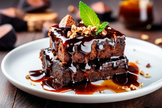 Gâteau aux châtaignes fait maison pain brownie au chocolat et aux châtaignes végétalien avec sauce au miel et au caramel