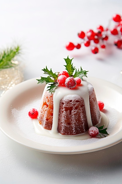 Photo gratuite gâteau aux fruits au pudding de noël avec fond de décoration de noël. dessert festif traditionnel