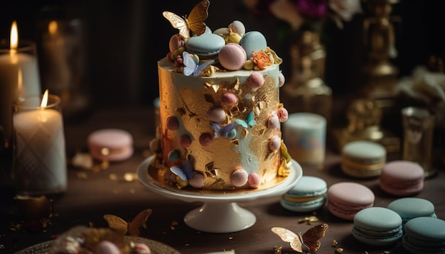 Photo gratuite un gâteau avec des décorations dorées et violettes sur une table avec des macarons et des macarons.