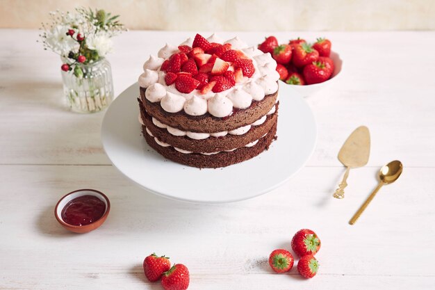 Gâteau délicieux et sucré aux fraises et basier sur une assiette