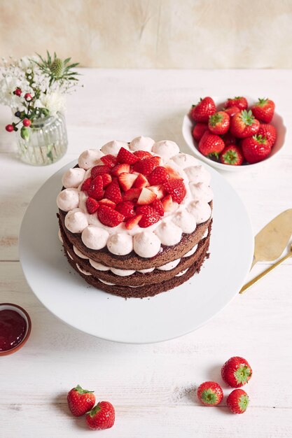 Gâteau délicieux et sucré avec des fraises et baiser sur une assiette