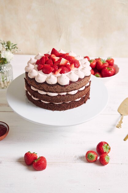 Gâteau délicieux et sucré avec des fraises et baiser sur une assiette