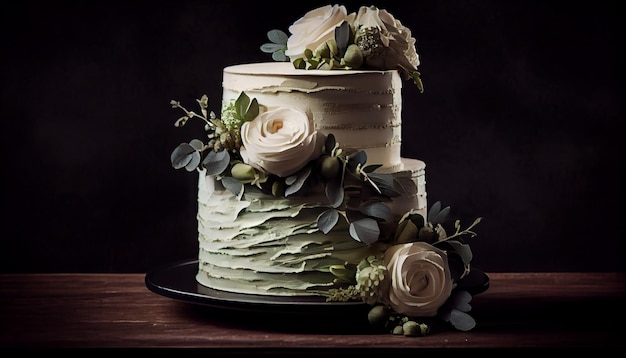 Un gâteau avec un glaçage blanc et des fleurs dessus