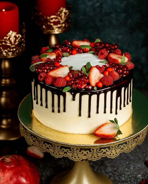 Gâteau goutte à goutte au chocolat avec un gâteau blanc garni de baies