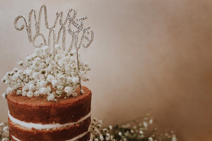 Photo gratuit gâteau de mariage avec décoration paniculata et mr et mme topper