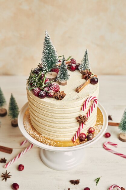 Gâteau de Noël décoré d'arbres et de bonbons