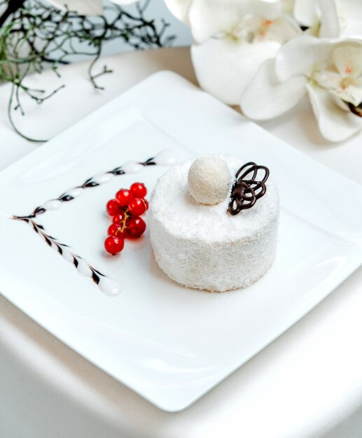 Gâteau de noix de coco blanche avec des canneberges sur la table