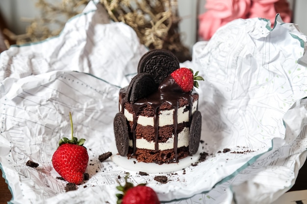 Gâteau Oreo avec biscuits Oreo syrop chocolat fraise vue latérale