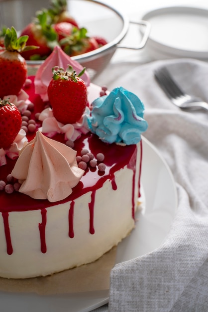 Gâteau savoureux à angle élevé avec des fraises
