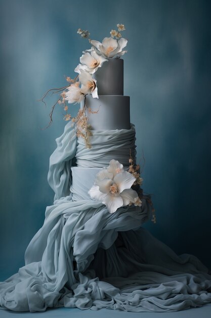 Un gâteau surchargé de tissu et de fleurs.