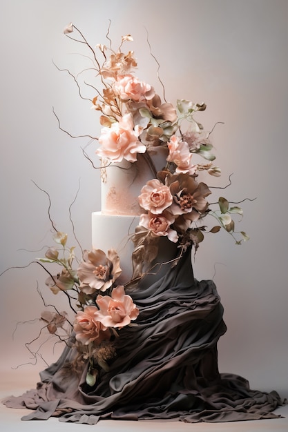 Photo gratuite un gâteau surchargé de tissu et de fleurs.