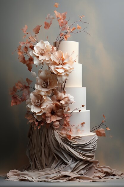Un gâteau surchargé de tissu et de fleurs.