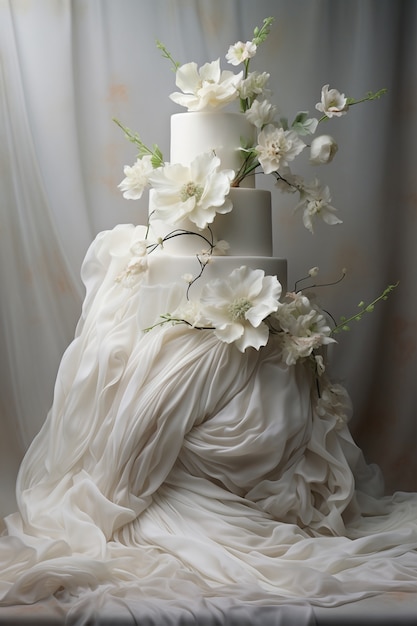 Photo gratuite un gâteau surchargé de tissu et de fleurs.