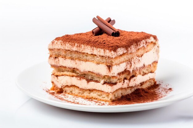 Gâteau de tiramisu avec du cacao et du café isolés sur un fond blanc