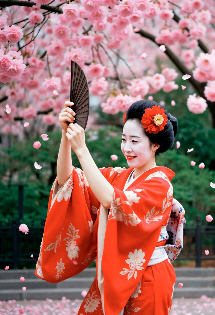 Photo gratuit une geisha en fleurs de cerisier