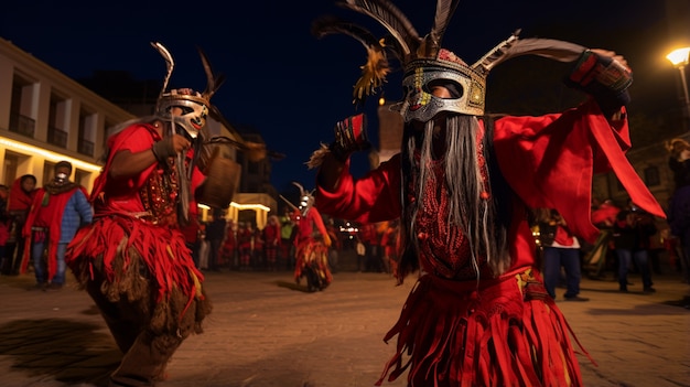 Gens célébrant le réveillon du nouvel an en costumes et danses traditionnels