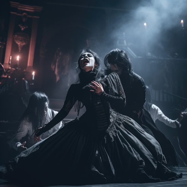 Des gens en costumes gothiques et en maquillage jouent un drame pour la journée mondiale du théâtre.