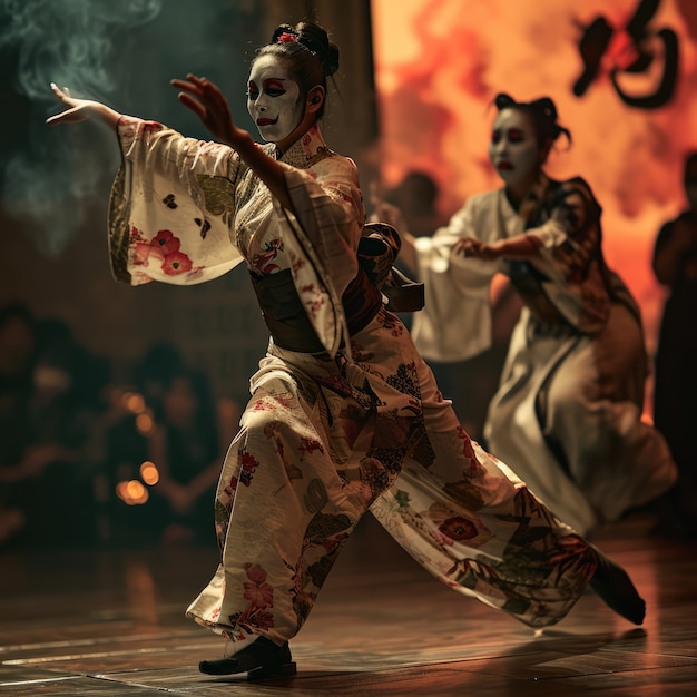 Photo gratuite des gens en costumes gothiques et en maquillage jouent un drame pour la journée mondiale du théâtre.