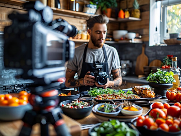 Photo gratuite les gens créent des contenus alimentaires à télécharger sur internet pour les amateurs de nourriture