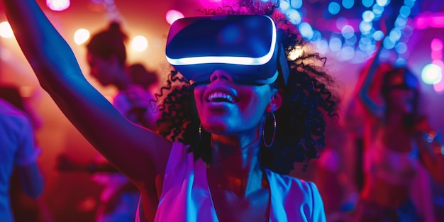 Photo gratuite des gens dansent entourés de lumières au néon brillantes lors d'une fête avec un casque de réalité virtuelle