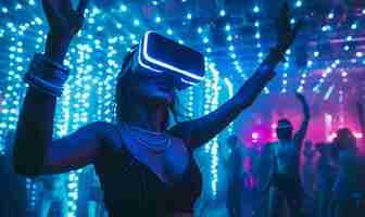 Photo gratuite des gens dansent lors d'une fête immersive avec des casques de réalité virtuelle et des couleurs néons vives