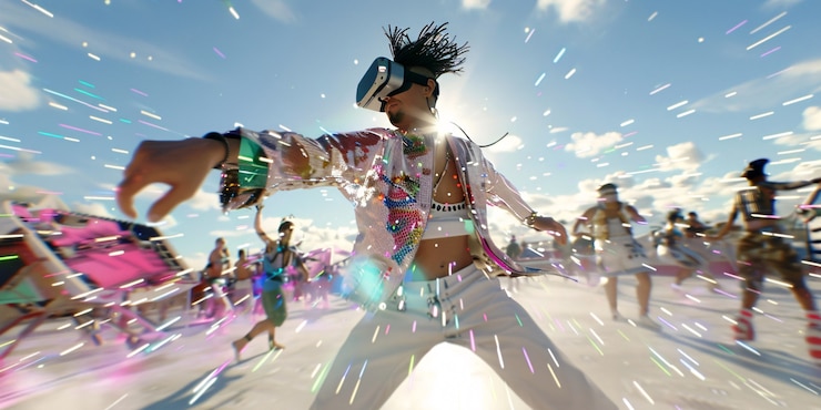 Photo gratuit des gens dansent lors d'une fête immersive avec des casques de réalité virtuelle et des couleurs néons vives
