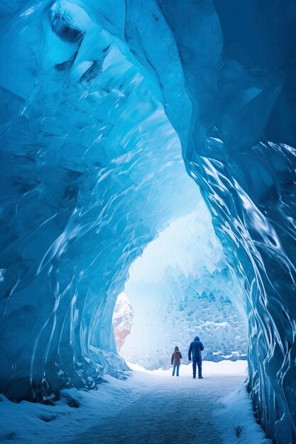 Des gens explorent une grotte de glace.