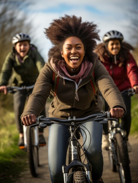 Les gens font du vélo en groupe dans la nature