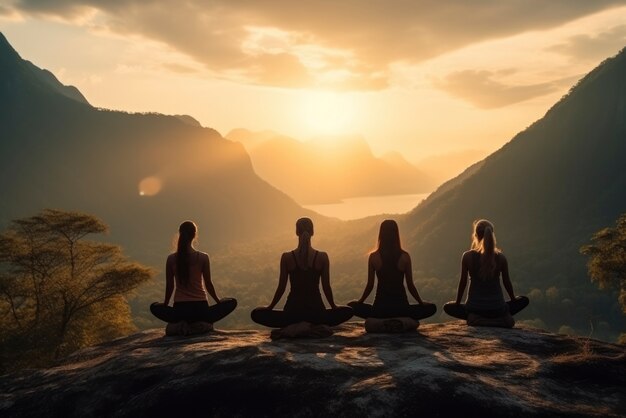 Les gens font du yoga au coucher du soleil