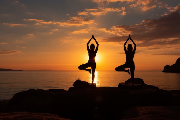Les gens font du yoga au coucher du soleil