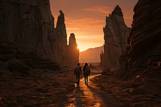 Photo gratuite gens marchant dans un beau désert du soir