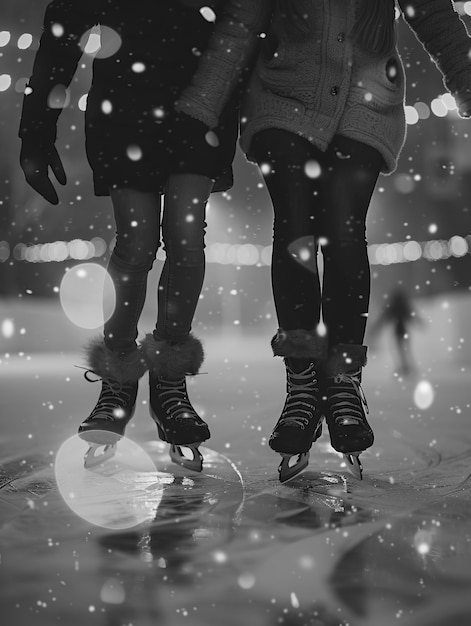 Photo gratuite des gens patinent sur glace en noir et blanc.