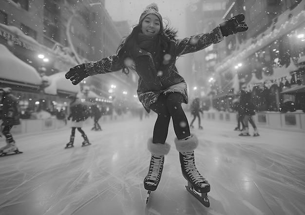 Des gens patinent sur glace en noir et blanc.