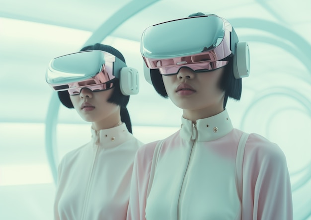 Photo gratuite des gens portant des lunettes de réalité virtuelle de haute technologie futuriste