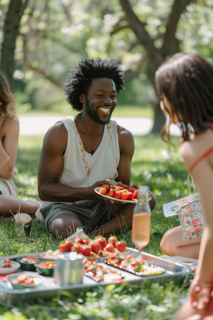 Photo gratuite des gens profitent d'une journée de pique-nique d'été ensemble en plein air