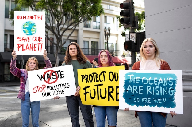 Les gens qui protestent avec une pancarte dans la ville pour la journée mondiale de l'environnement