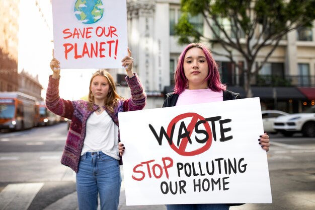 Les gens qui protestent avec une pancarte dans la ville pour la journée mondiale de l'environnement