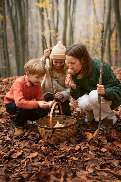 Des gens qui ramassent de la nourriture dans la forêt.