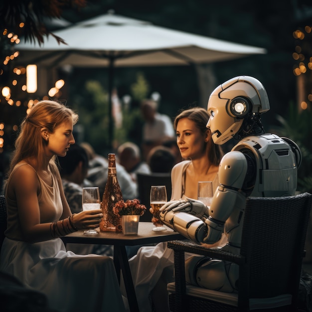 Photo gratuite des gens qui traînent avec des robots.