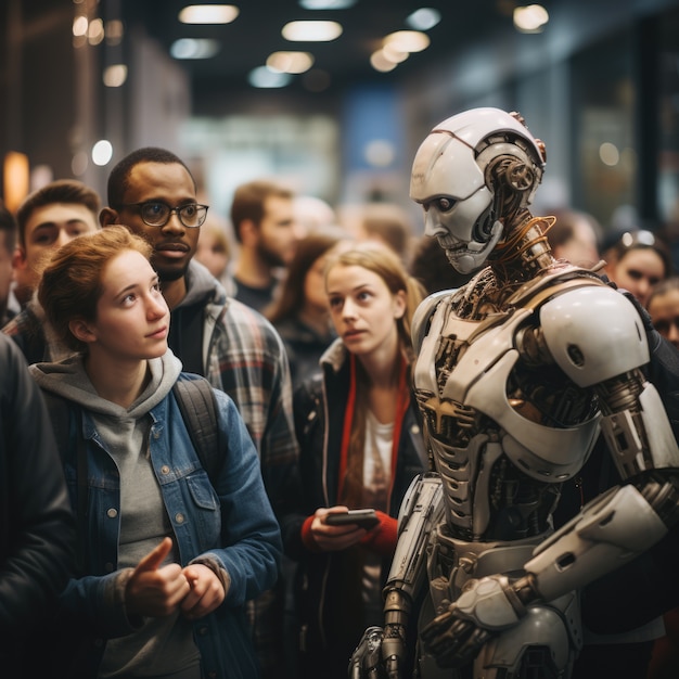 Photo gratuite des gens qui traînent avec des robots.