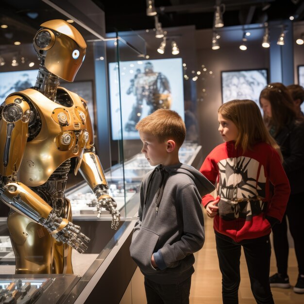 Photo gratuite des gens qui traînent avec des robots.