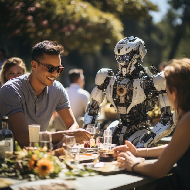 Photo gratuite des gens qui traînent avec des robots.