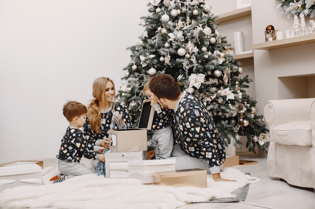 Les gens réparent pour Noël. Les gens jouent avec des enfants. La famille se repose dans une salle de fête.