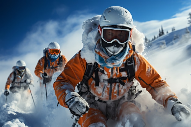 Les gens skient dans la neige par temps extrême