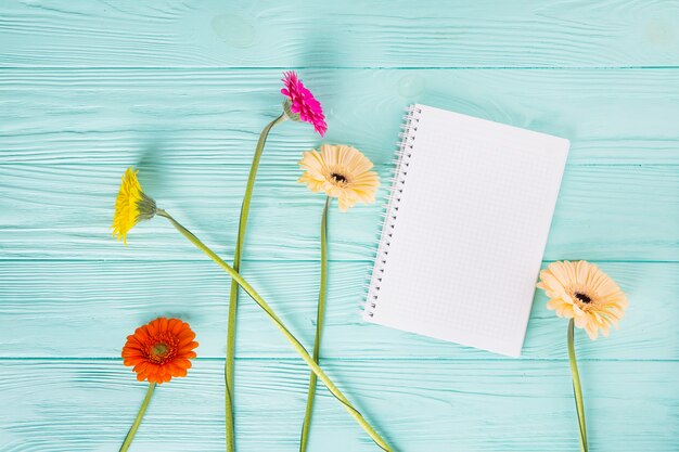 Photo gratuite gerbera, fleurs, à, cahier vierge, sur, table