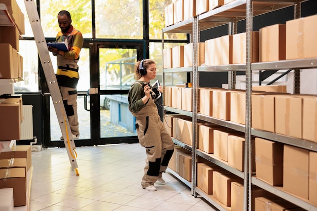 Photo gratuite gestionnaire d'entreprise scannant des boîtes de codes à barres à l'aide d'un scanner de magasin écoutant de la musique pendant l'inventaire de l'entrepôt employé regardant les étagères de l'entrepôt préparant les commandes des clients pour la livraison