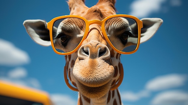 Photo gratuite girafe portant des lunettes orange sur fond de ciel bleu