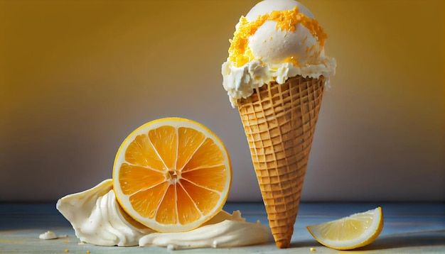 Photo gratuite glace au citron fraîchement coupée sur ia générative de cône de gaufre